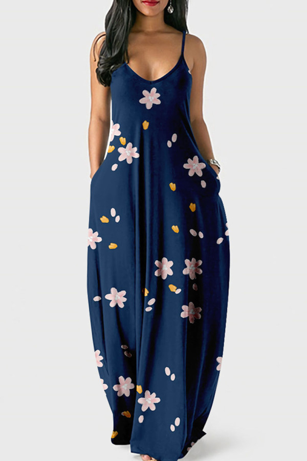 Vestido de tirante de espagueti de patchwork con estampado dulce informal azul Vestidos
