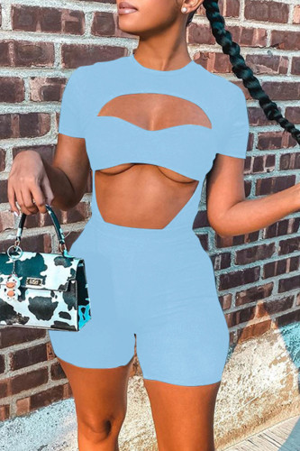 Light Blue Fashion Sexy Casual Solid Hollowed Out O Neck Short Sleeve Two Pieces