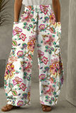 Бело-розовые модные повседневные брюки с высокой талией и карманами в стиле пэчворк с принтом