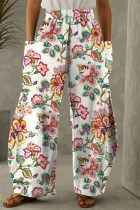 Pantalon taille haute régulier à poches patchwork imprimé décontracté blanc rose