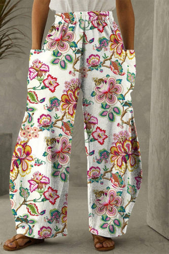 Pantalon taille haute taille haute classique à imprimé décontracté avec poche fendue à la mode blanc rose