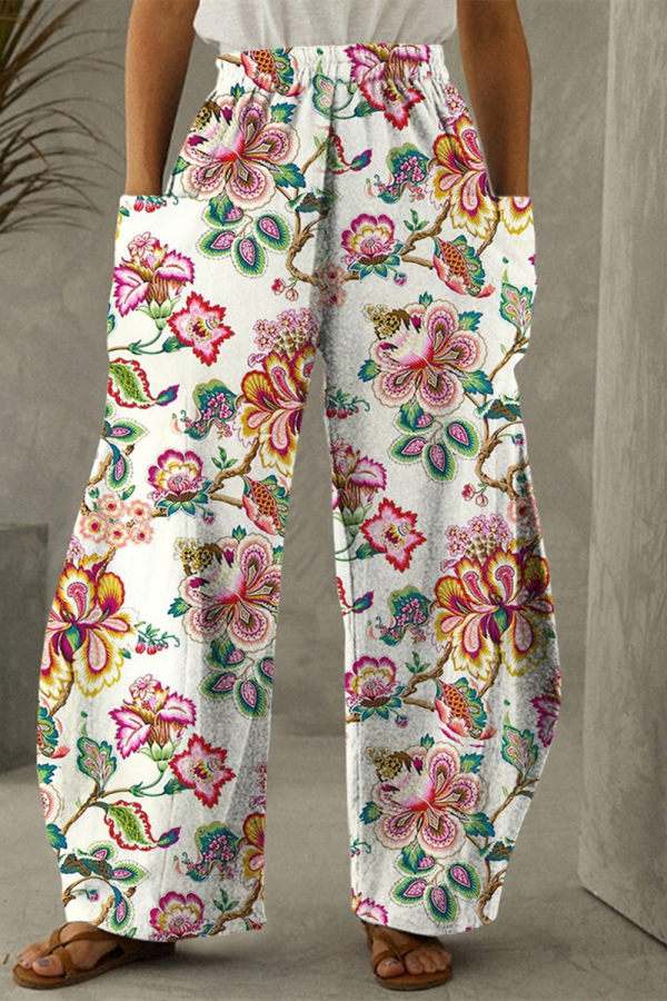 Vit Rosa Mode Casual Print Patchwork Pocket Vanliga byxor med hög midja