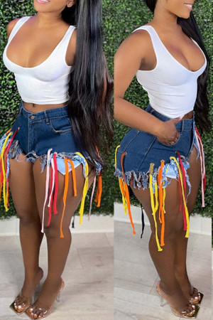 The cowboy blue Fashion Street Solid Bandage Patchwork High Waist Hot Pant Tassel Denim Shorts