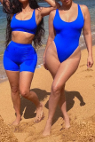 Blue Vacation Solid Patchwork U Neck Skinny Bodysuits