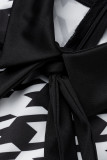 Svart khaki Mode Casual Print Patchwork med bälte turndown krage Långärmade klänningar