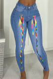 Diepblauwe modieuze casual effen bandage skinny jeans met hoge taille