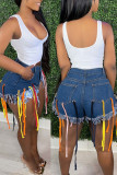 The cowboy blue Fashion Street Solid Bandage Patchwork High Waist Hot Pant Tassel Denim Shorts