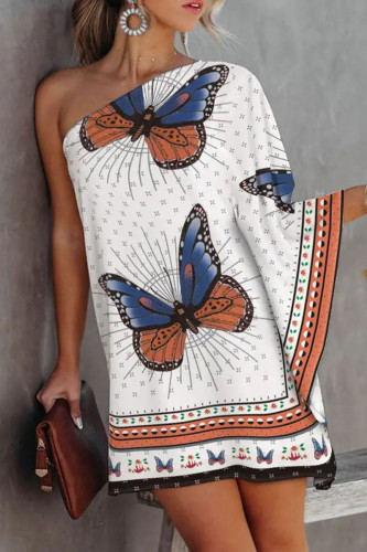 White Casual Print Patchwork Asymmetrical Oblique Collar Dresses