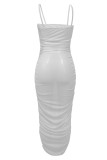 Witte mode casual effen doorzichtige backless vouw spaghetti band lange jurk