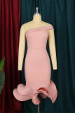 Pink Fashion Sexy Solid Patchwork Backless Strapless Evening Dress
