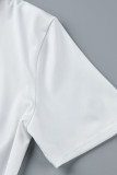 Белый сексуальный однотонный лоскутный пряжка с отложным воротником и коротким рукавом из двух частей