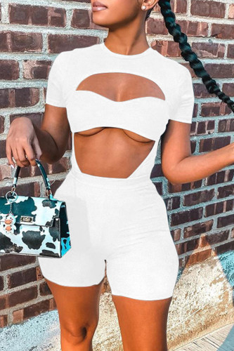 White Fashion Sexy Casual Solid Hollowed Out O Neck Short Sleeve Two Pieces