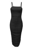 Zwarte mode casual effen doorzichtige backless vouw spaghettibandjes lange jurk