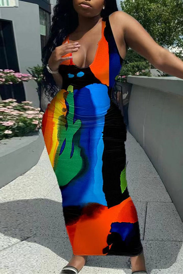 Vestidos de colete com estampa sexy moda multicolorida básica com decote em U