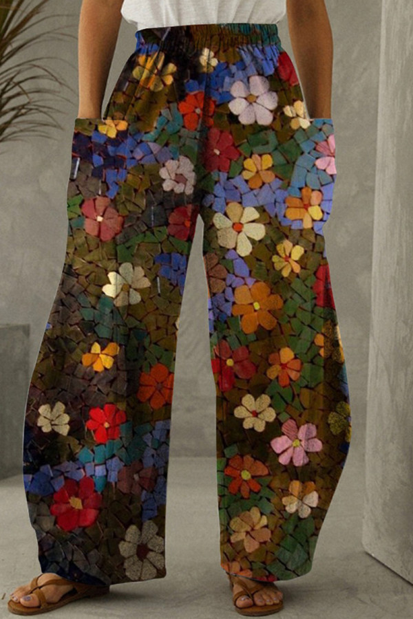 Pantaloni a vita alta regolari con tasca patchwork stampa casual moda marrone chiaro
