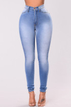 Средне-синие модные повседневные однотонные лоскутные джинсы скинни с высокой талией