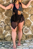 Schwarzer sexy Patchwork-Heißbohr-Quasten-Verband, ausgehöhltes, rückenfreies, unregelmäßiges Kleid mit Spaghettiträgern