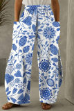 Azul Branco Moda Casual Estampa Patchwork Bolso Regular Calça Cintura Alta