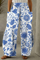 Blue White Fashion Casual Print Patchwork Pocket Regular High Waist Trousers