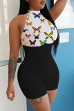 Black White Fashion Casual Butterfly Print Patchwork Half A Turtleneck Skinny Romper