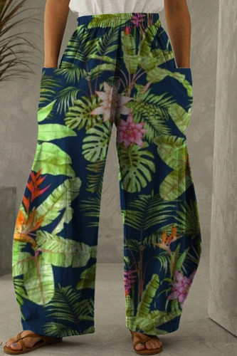 Green Fashion Casual Print Patchwork Pocket Regular High Waist Trousers
