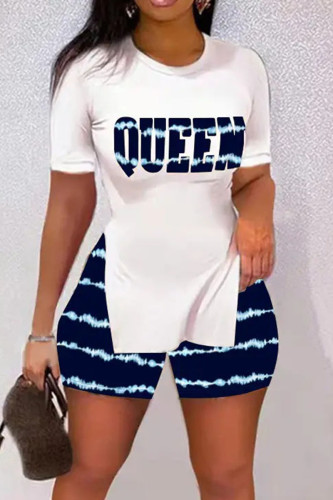 Blue Casual Print Patchwork Slit O Neck Short Sleeve Two Pieces