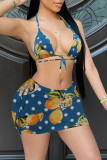 Blue Fashion Sexy Print Bandage Backless Halter Mouwloos Two Pieces