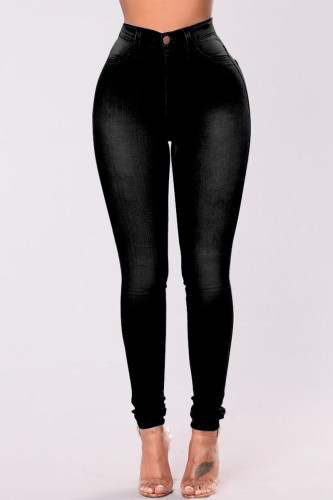 Black Fashion Casual Solid Patchwork High Waist Skinny Denim Jeans