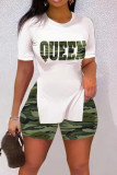 Camouflage Casual Print Patchwork Slit O Neck Short Sleeve Two Pieces
