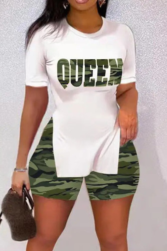 Camouflage Casual Print Split Joint Slit O Neck Short Sleeve Two Pieces