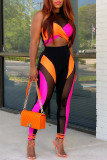 Rose Orange Fashion Sexy Patchwork See-through O Neck senza maniche in due pezzi
