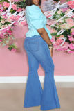 Средне-синие модные повседневные однотонные рваные джинсы с высокой талией, обычные джинсовые джинсы