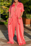 Rose Red Casual Solid Patchwork Turndown Collar Loose Jumpsuits