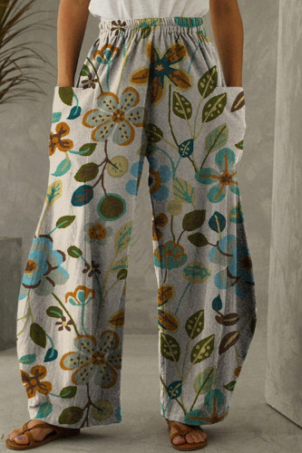 Light Gray Fashion Casual Print Patchwork Pocket Regular High Waist Trousers