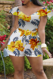White Casual Print Patchwork V Neck Straight Rompers