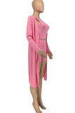 Pink Casual Solid Patchwork U Neck Long Sleeve Three Pieces
