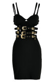 Black Fashion Sexy Solid Hollowed Out Patchwork Backless Spaghetti Strap Sleeveless Dress Dresses
