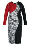 Coffee Fashion Casual Print Leopard Patchwork With Belt O Neck Long Sleeve Plus Size Dresses