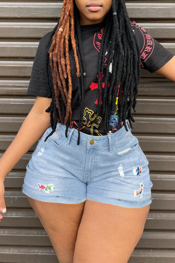 Lichtblauw Modieus Casual Print Patchwork Normale hoge taille Conventionele positionering Print Grote maten spijkershorts