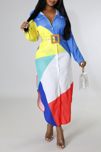 Multicolor Sweet Color Lump Print Patchwork Turndown Collar Shirt Dress Dresses