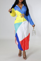 Многоцветное платье-рубашка с отложным воротником и разноцветным принтом в стиле пэчворк