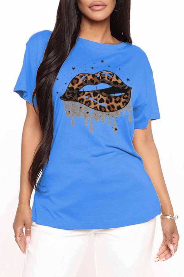 Diepblauwe, modieuze, casual T-shirts met bedrukte lippen en O-hals