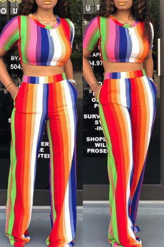 Colour Fashion Casual Striped Print Patchwork O Neck Short Sleeve Two Pieces