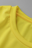 amarillo casual estampado patchwork o cuello manga corta dos piezas
