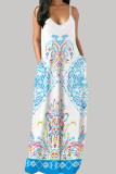 White Blue Fashion Casual Print Backless Spaghetti Strap Long Dress