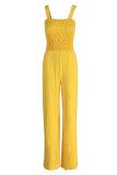 Yellow Street Solid Patchwork Fold Spaghetti Strap Straight Jumpsuits