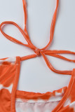 オレンジファッションカジュアルプリント包帯非対称Oネックノースリーブツーピース