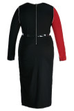 ブラックファッションカジュアルプリントヒョウパッチワークベルト付きOネック長袖プラスサイズドレス