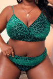 Traje de baño de talla grande con cuello en V sin espalda de patchwork de leopardo sexy de moda verde (con rellenos)