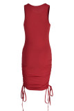 Rose Red Casual Print Bandage Patchwork Fold O Neck One Step Skirt Jurken
